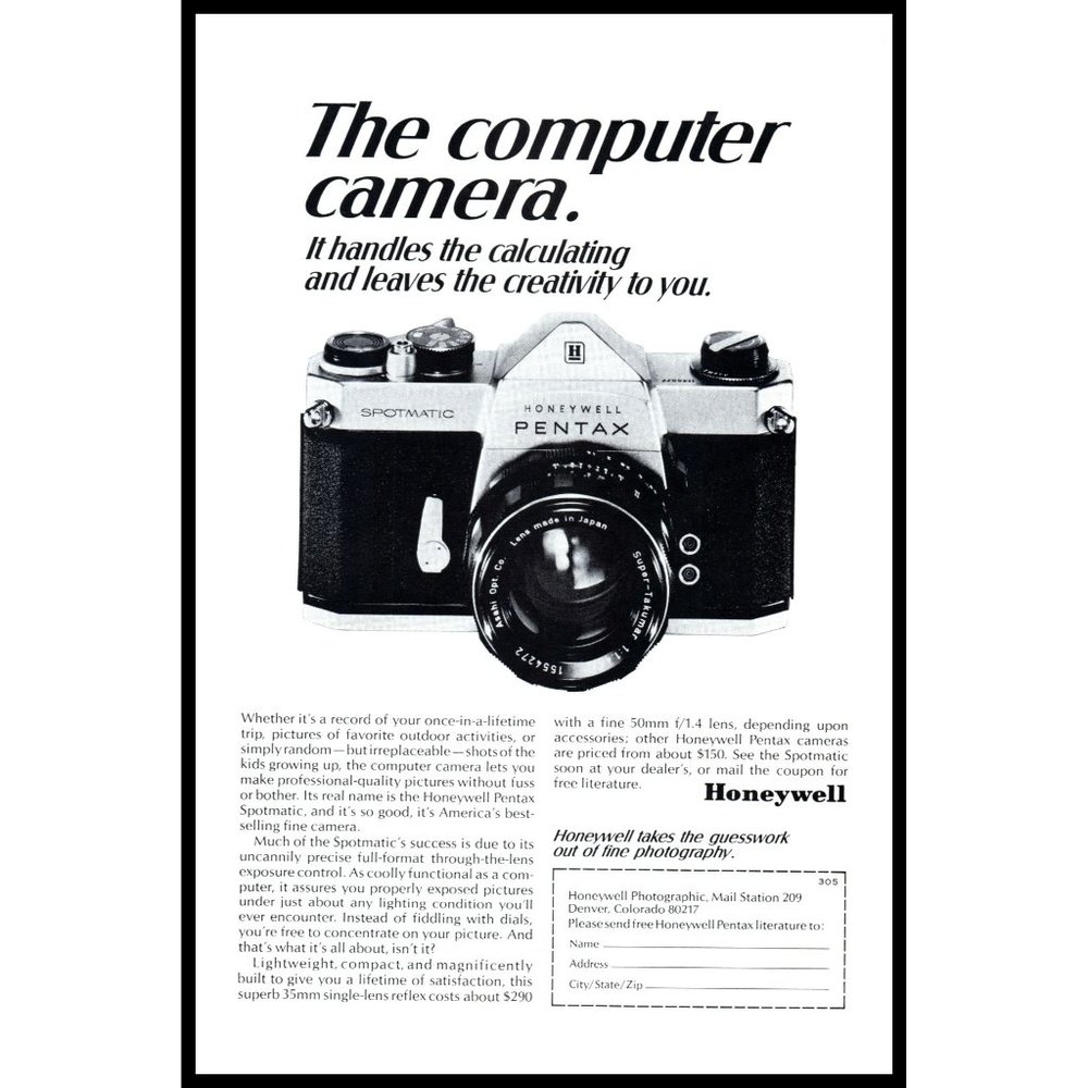 1968 Honeywell Pentax Spotmatic SLR Computer Camera Vintage Print Ad Wall Art